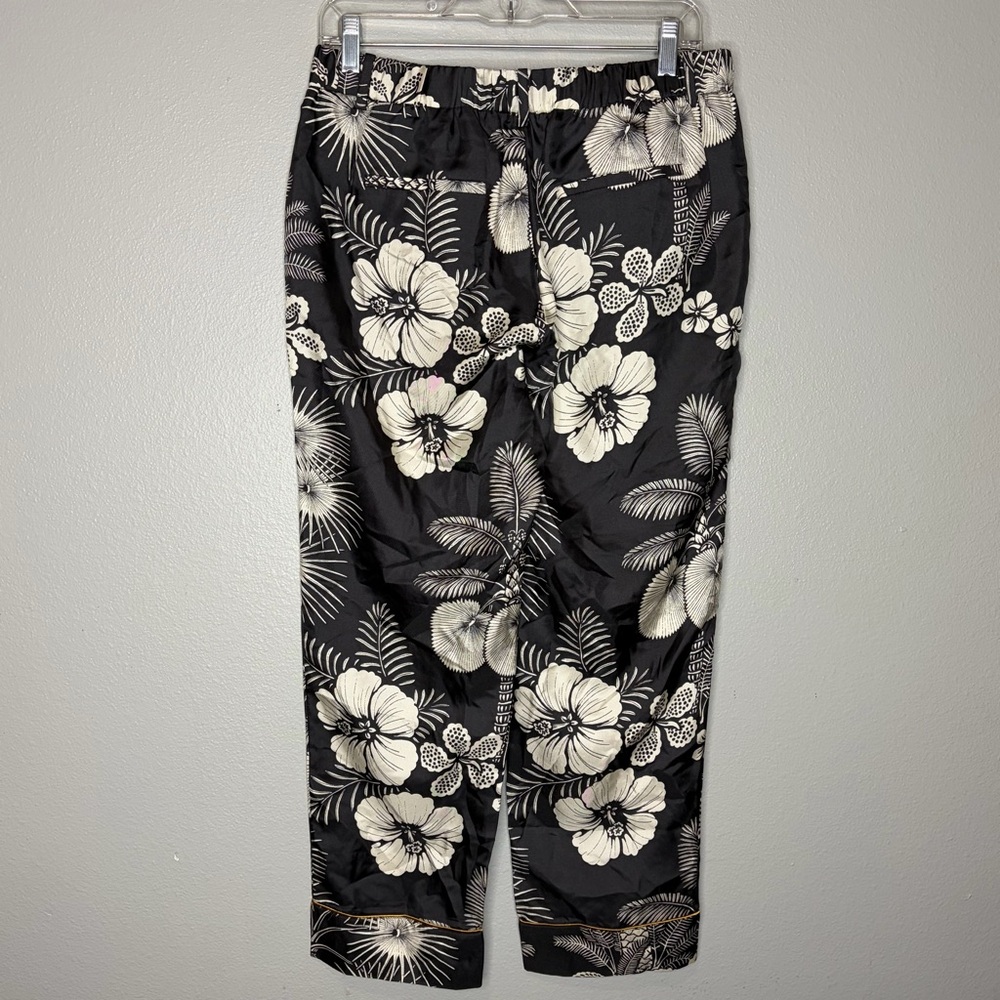 J Crew 100% Silk Trouser Pants Women 6 Black Floral Crop Gold Piping Tropical - Picture 8 of 12